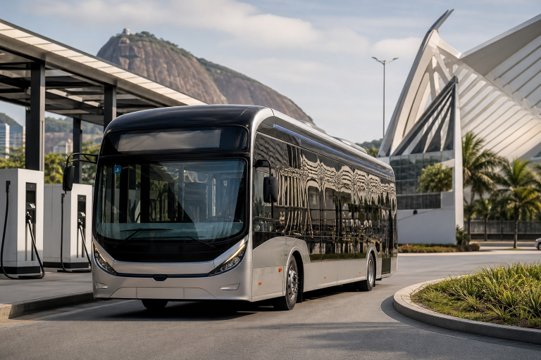 Ônibus elétrico em terminal urbano do Rio de Janeiro, com infraestrutura de transporte ao fundo
